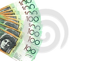 Group of 100 dollar Australian notes on white background have copy space for put text