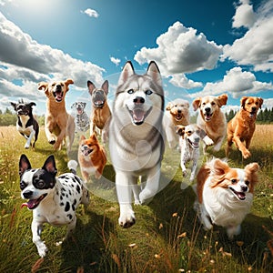 group of 11 dogs of various breeds running in an open field. They are all running in the same direction and some are jumping.