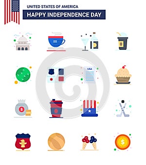 Group of 16 Flats Set for Independence day of United States of America such as american; limonade; drink; american; glass