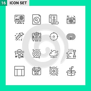 Group of 16 Modern Outlines Set for fireworks, capture, history, picture, camera