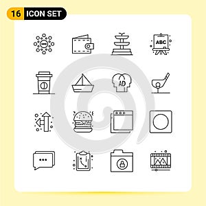 Group of 16 Modern Outlines Set for sail, food, fountain, drink, learning