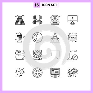 Group of 16 Outlines Signs and Symbols for abrahamic, imac, fountain, device, computer