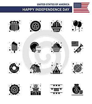 Group of 16 Solid Glyphs Set for Independence day of United States of America such as food; cold; muffin; party; celebrate