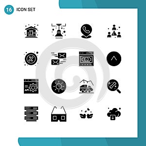 Group of 16 Solid Glyphs Signs and Symbols for discount, staff, light, headcount, location