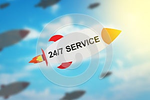 group of 24 hours a day, 7 days a week service flat design rocket