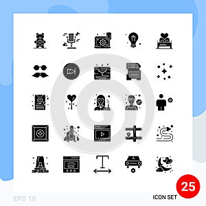 Group of 25 Modern Solid Glyphs Set for love, science, configure, idea, cogwheel