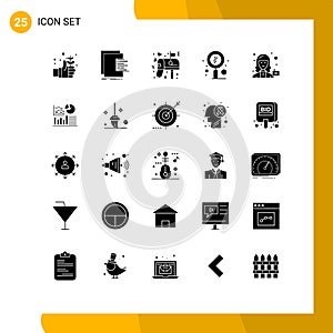 Group of 25 Modern Solid Glyphs Set for zoom, search, valuation, scan, mail