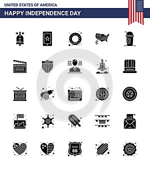 Group of 25 Solid Glyph Set for Independence day of United States of America such as limonade; america; donut; usa; map
