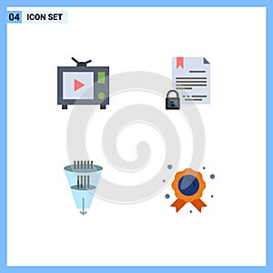 Group of 4 Flat Icons Signs and Symbols for tv, filter, electronic signature, document, filtration