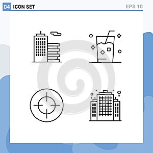 Group of 4 Modern Filledline Flat Colors Set for building, crosshair, office, ice, shoot