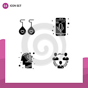 Group of 4 Modern Solid Glyphs Set for earing, mind, mobile app, phone recorder, team