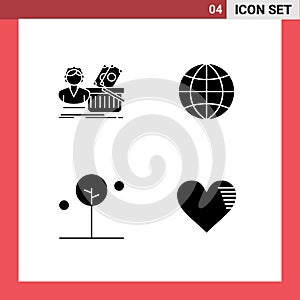 Group of 4 Modern Solid Glyphs Set for salary, leaf, shopping, globe, tree