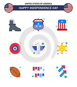 Group of 9 Flats Set for Independence day of United States of America such as eagle; animal; entertainment; american; military