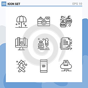 Group of 9 Outlines Signs and Symbols for ink, scale, retro camera, education, chair lift