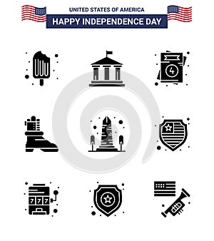 Group of 9 Solid Glyphs Set for Independence day of United States of America such as sight; landmark; invitation; american; shose