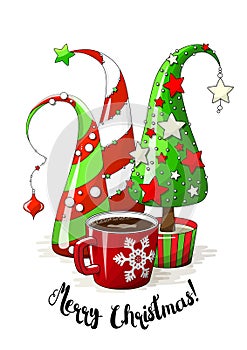 Group of abstract christmas trees and coffee cup, holiday motive, illustration