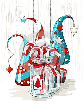 Group of abstract christmas trees and glass jar with candy canes, holiday motive, illustration