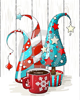 Group of abstract christmas trees and red coffee cup, holiday motive, illustration