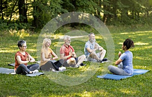 Group Of Active Senior People Practicing Yoga With Instructor Outdoors