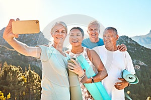 Group of active seniors posing together for a selfie or video call on a sunny day against a mountain view background