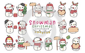 Group of adorable cheerful snowman and girl Christmas collection cartoon doodle hand drawing vector