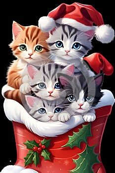 A group of adorable and cute kittens curled up in a christmas stocking, wearing santa hat, carroon character, no background