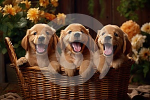 Group of Adorable Golden Retriever Puppies Sitting in a Basket, Generative AI