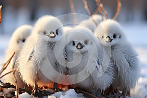 A group of adorable penguin chicks huddle together