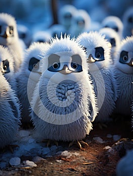 A group of adorable penguin chicks huddle together