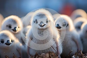 A group of adorable penguin chicks huddle together
