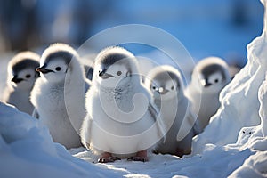 A group of adorable penguin chicks huddle together