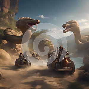 A group of adventurers riding giant, feathered serpents across a vast, untamed landscape2