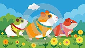 A group of adventurous guinea pigs scurry through a wildflower meadow their colorful GPS harnesses ensuring they wont