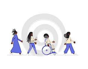 Group of african american female teenagers walking one after another isolated on white background. Girls and young woman. Friends