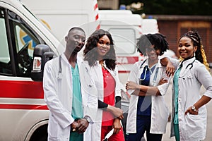 Group of african paramedic ambulance emergency crew doctors.