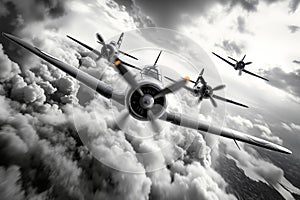 A group of airplanes flying through a cloudy sky