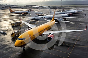 A group of airplanes are parked on the airport tarmac