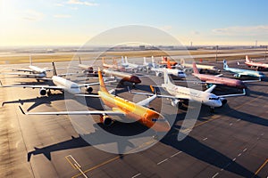 A group of airplanes are parked on the airport tarmac