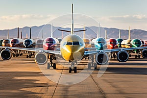 A group of airplanes are parked on the airport tarmac