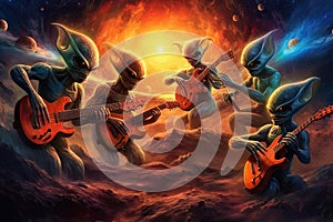 Group of aliens playing a musical concert using instruments made entirely of solid nebula blackholes alien character illustration