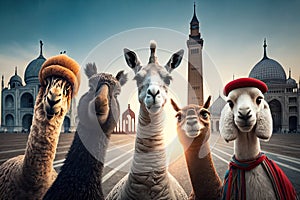 Group of alpaca in front of Taj Mahal, India