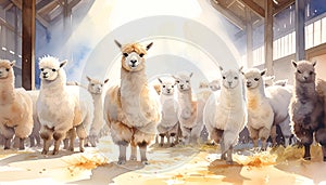Group of Alpacas Inside a Bright Barn with Natural Light