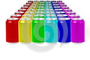 Group of aluminum cans of different colors on white background. Color theory. Primary and secondary colors