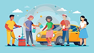 A group of alumni host a community car wash with all proceeds going towards the donation drive.. Vector illustration. photo