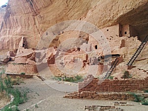 Group of ancient ruins with ladders at Mesa Verde National Park