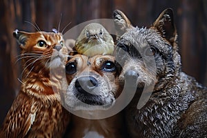 group of animal with dogs, birds and cat