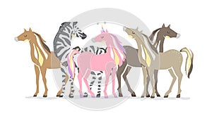 Group of animals. Beautiful cute pink unicorn, zebra and horses. couple of unicorn and zebra in love. isolated image