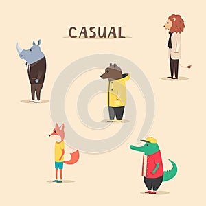 Group of animals in clothes. Casual style. Cartoon vector illustration