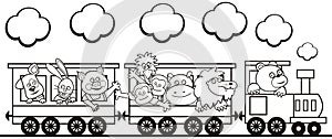 Group of animals in the train, funny vector illustration, coloring book