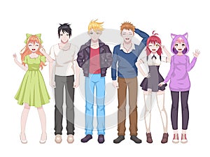 Group anime characters. Manga girls and boys, kawaii asian teens in casual japanese or korean cosplay clothes. Smiling photo